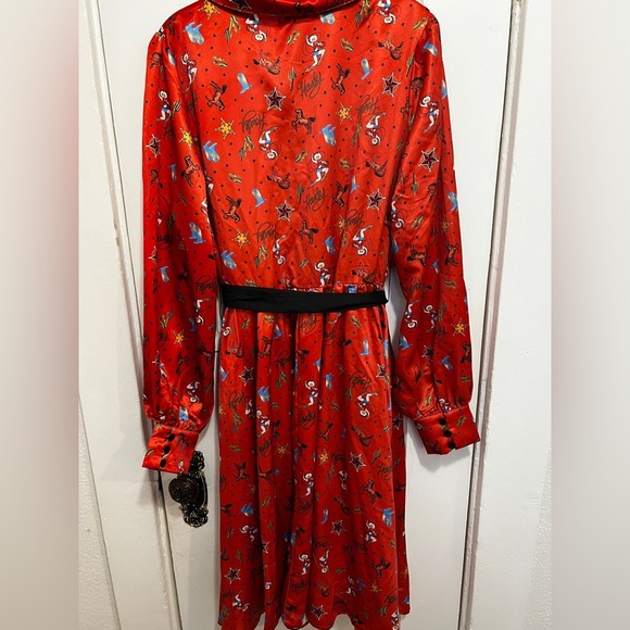 UNIQUE VINTAGE RUST Red Silk Western Print ROCKABILLY Dress with Tie NWT Howdy - Picture 5 of 12